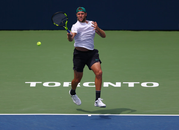 Sock crushes a forehand during the match against Medvedev. His forehand was at times huge, but also costly. Photo: Getty Images