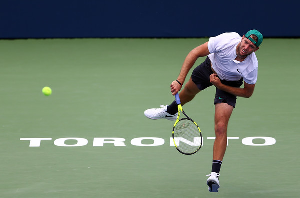 Jack Sock tees off on a serve during his opening round loss in Toronto. Photo: Getty Images