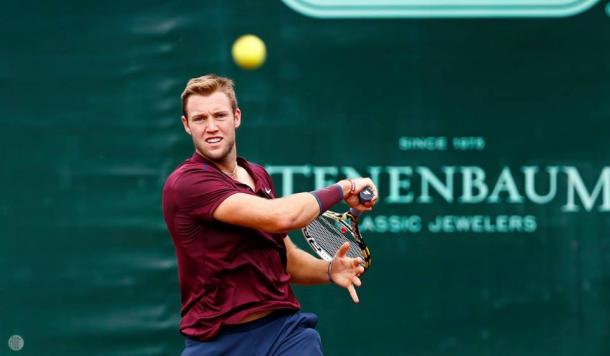 Jack Sock drills one of his big forehands during his victory. Photo: Aaron M. Sprecher/ROCC