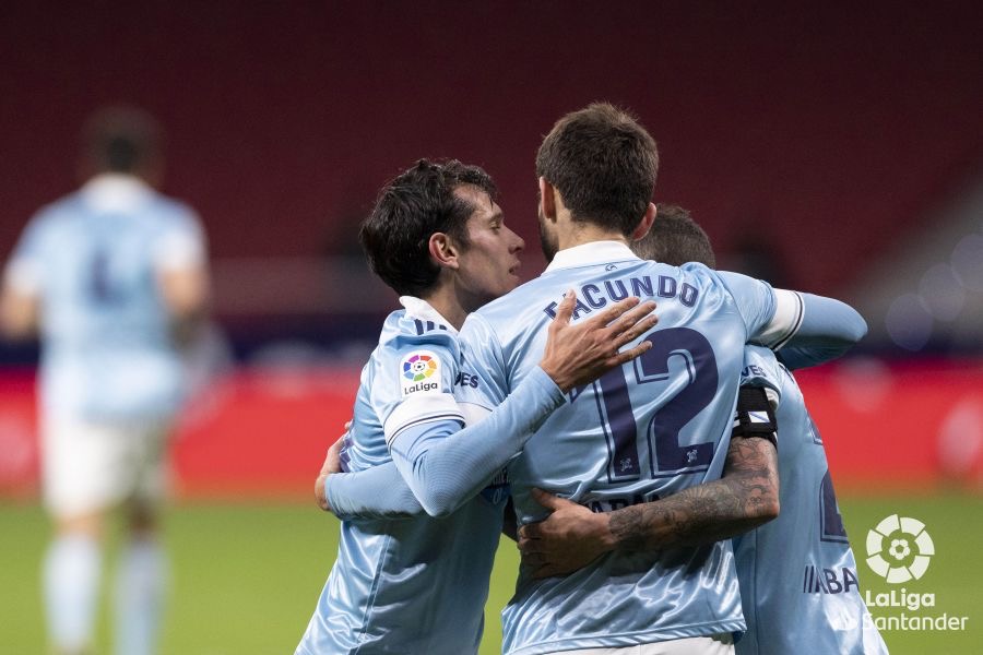 Solari, Ferreyra y Hugo celebran un gol en el Wanda Metropolitano | Fuente: LaLiga