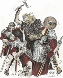 Soldado Cántabro peleando contra legionarios romanos, Fuente: Wikicomons