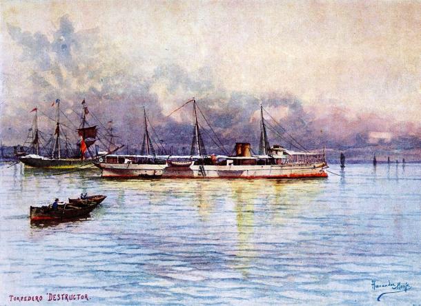 Acuarela que representa el buque de guerra español "Destructor", por Francisco Hernández Monjo (1862-1937) (Wikipedia, DP)