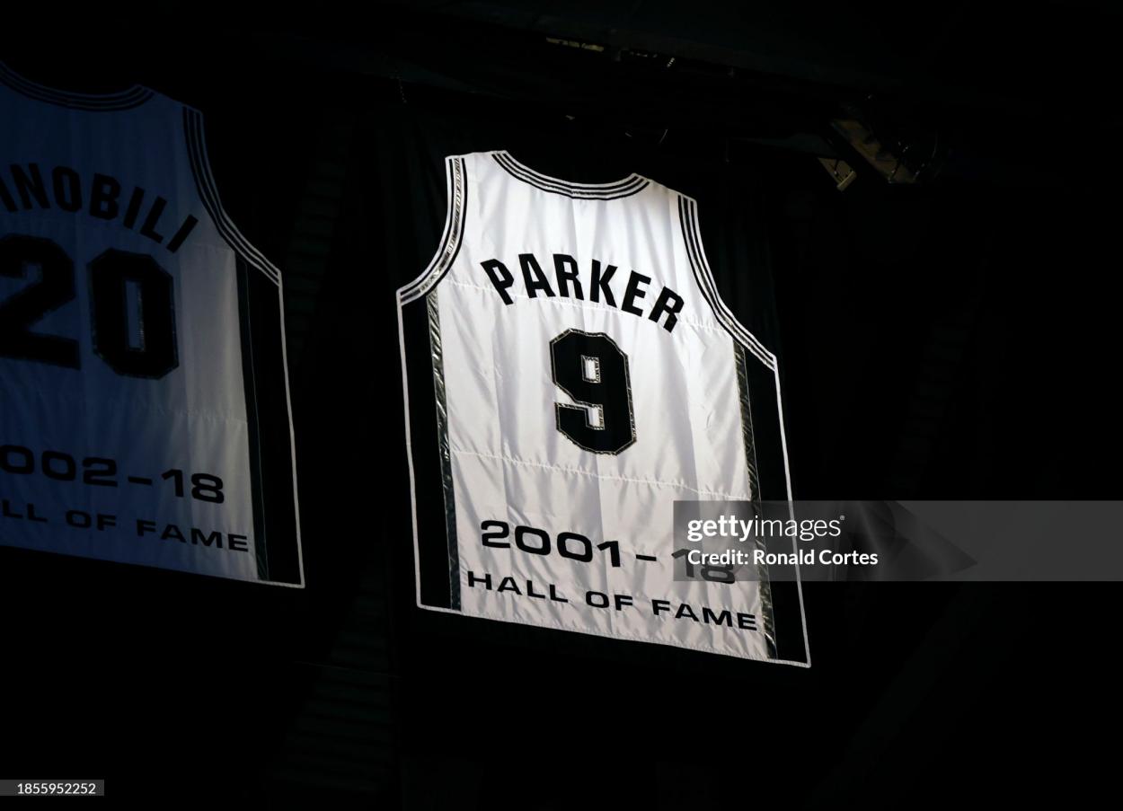 Tony Parker Hall of Fame ceremony during the game between San Antonio Spurs and the New Orleans Pelicans at Frost Bank Center on December 17, 2023 in San Antonio, Texas. NOTE TO USER: User expressly acknowledges and agrees that, by downloading and or using this photograph, User is consenting to terms and conditions of the Getty Images License Agreement. (Photo by Ronald Cortes/Getty Images)