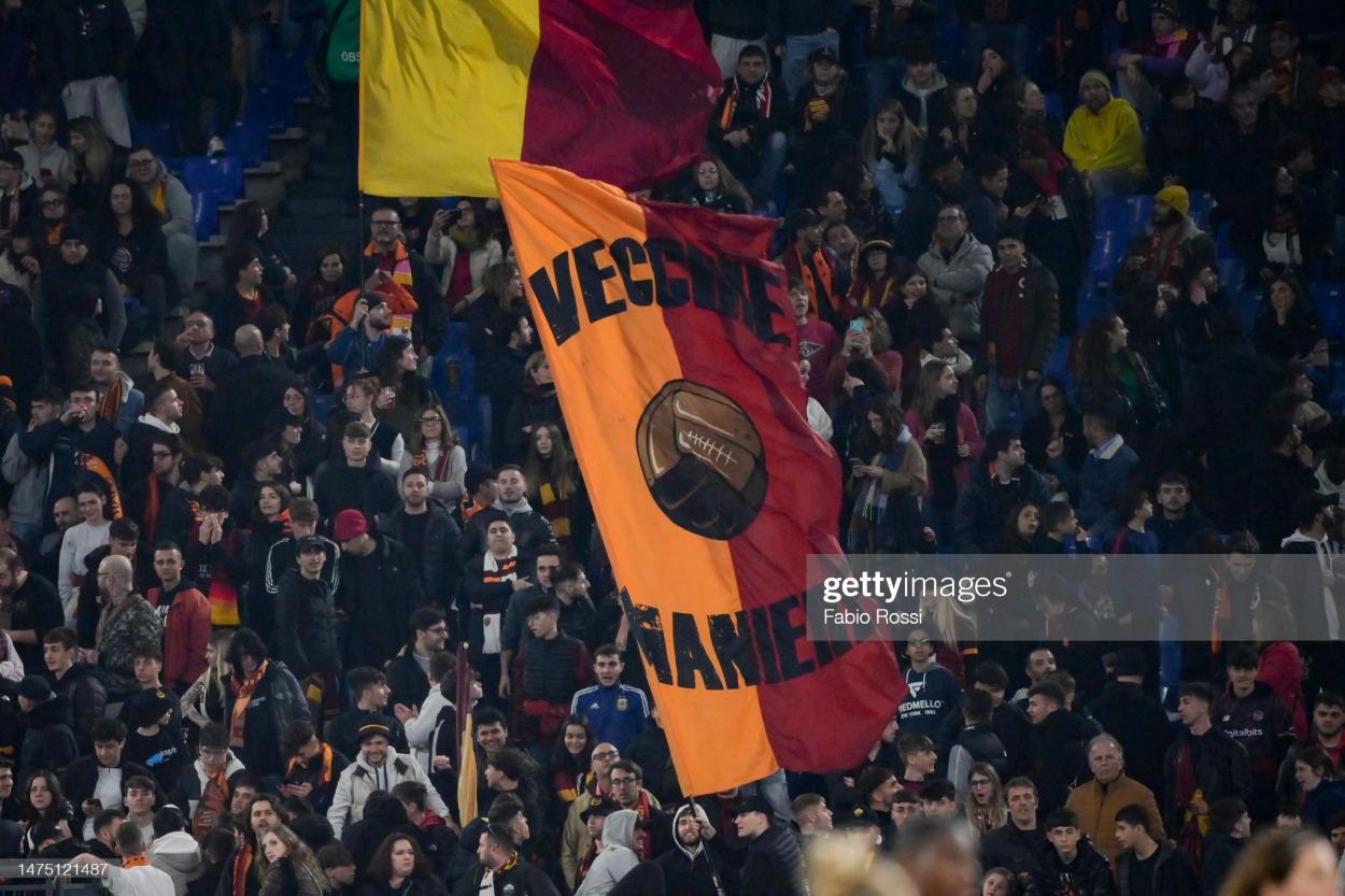 AS Roma fans during the UEFA Women's <strong><a  data-cke-saved-href='https://www.vavel.com/en/football/2023/03/27/womens-football/1141982-arsenal-vs-bayern-munich-uefa-womens-champions-league-preview-quarter-final-second-leg-2023.html' href='https://www.vavel.com/en/football/2023/03/27/womens-football/1141982-arsenal-vs-bayern-munich-uefa-womens-champions-league-preview-quarter-final-second-leg-2023.html'>Champions League</a></strong> quarter-final 1st leg match between AS Roma and FC Barcelona at Stadio Olimpico on March 21, 2023 in Rome, Italy. (Photo by Fabio Rossi/AS Roma via Getty Images)