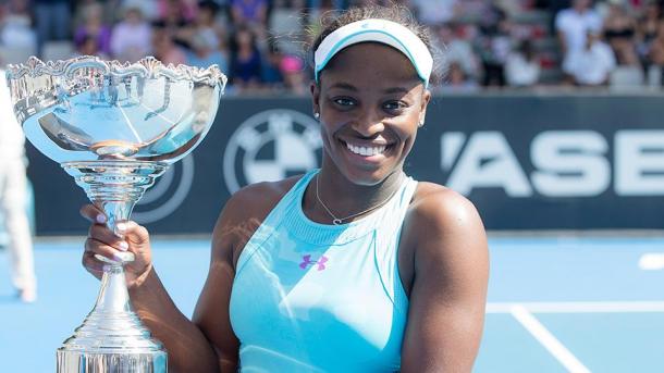 Stephens with her trophy after winning in Monterrey. Photo: Matthew Craig/AP