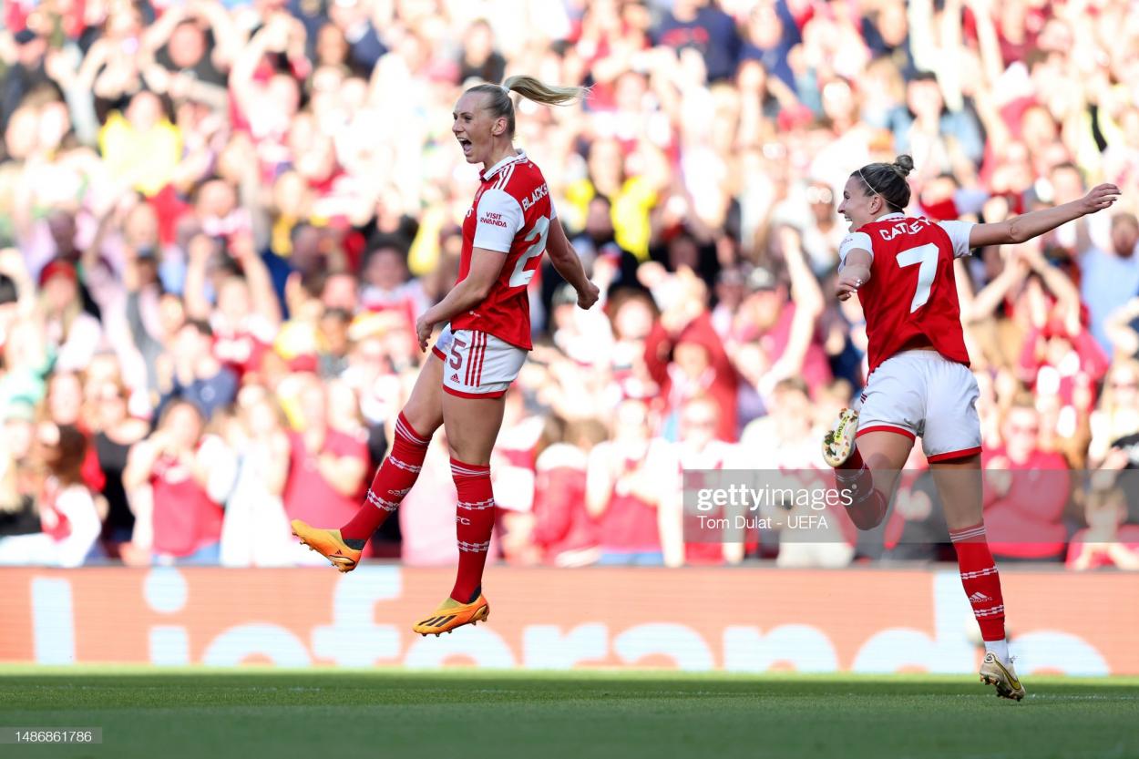 Stina Blackstenius of Arsenal celebrates after scoring the team's first goal with teammate Steph Catley during the UEFA Women's Champions League semi-final 2nd leg match between Arsenal and VfL Wolfsburg at Emirates Stadium on May 01, 2023 in London, England. (Photo by Tom Dulat - UEFA/UEFA via Getty Images)