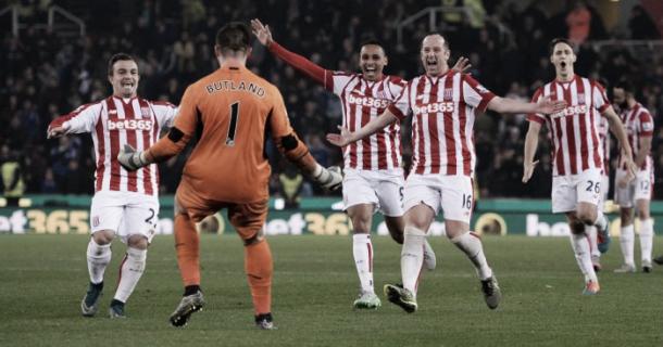 Stoke celebrate after beating Chelsea in the League Cup. (Image: Getty Images)