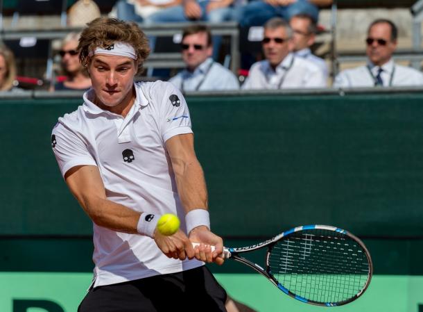 Struff hits a backhand during his comeback win. Photo: Davis Cup