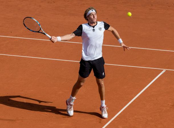 Struff lines up a short forehand during his victory in the fifth rubber. Photo: Davis Cup