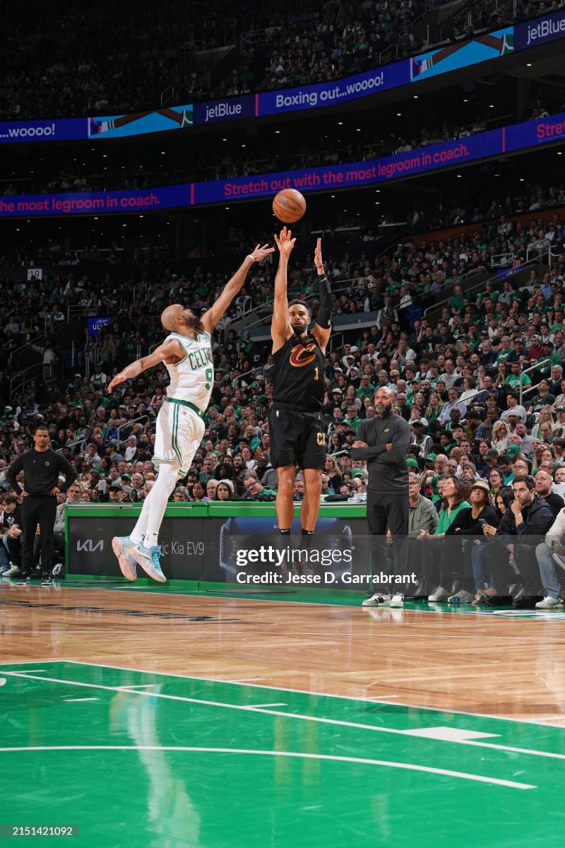 BOSTON, MA - MAY 7: Max Strus #1 of the Cleveland Cavaliers shoots the ball during the game against the Boston Celtics during Round 2 Game 1 of the 2024 NBA Playoffs on May 7, 2024 at the TD Garden in Boston, Massachusetts. NOTE TO USER: User expressly acknowledges and agrees that, by downloading and or using this photograph, User is consenting to the terms and conditions of the Getty Images License Agreement. Mandatory Copyright Notice: Copyright 2024 NBAE (Photo by Jesse D. Garrabrant/NBAE via Getty Images)