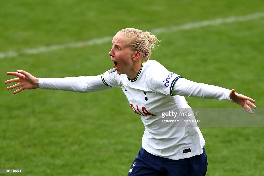 LONDON, ENGLAND - APRIL 23: Eveliina Summanen of Tottenham Hotspur celebrates scoring her second goal during the FA Women's Super League match between Tottenham Hotspur WFC and Aston Villa WFC at Brisbane Road on April 23, 2023 in London, England. (Photo by Tottenham Hotspur FC/Tottenham Hotspur FC via Getty Images)
