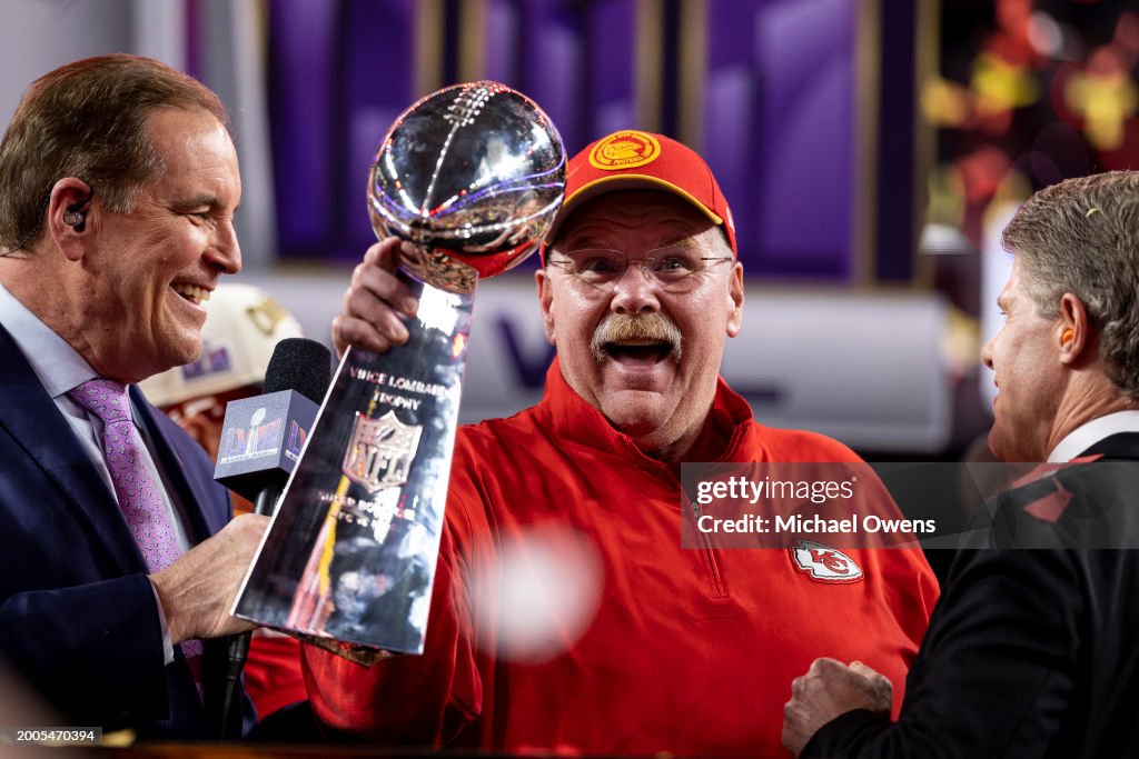 Head coach Andy Reid of the <strong><a  data-cke-saved-href='https://www.vavel.com/en-us/nfl/2024/02/10/1172019-san-francisco-49ers-super-bowl-press-conferences.html' href='https://www.vavel.com/en-us/nfl/2024/02/10/1172019-san-francisco-49ers-super-bowl-press-conferences.html'>Kansas City</a></strong> Chiefs celebrates with the Vince Lombardi Trophy following the NFL <strong><a  data-cke-saved-href='https://www.vavel.com/en-us/nfl/2024/02/07/1171573-top-five-super-bowls-of-all-time.html' href='https://www.vavel.com/en-us/nfl/2024/02/07/1171573-top-five-super-bowls-of-all-time.html'>Super Bowl</a></strong> 58 football game between the San Francisco 49ers and the <strong><a  data-cke-saved-href='https://www.vavel.com/en-us/nfl/2024/02/10/1172019-san-francisco-49ers-super-bowl-press-conferences.html' href='https://www.vavel.com/en-us/nfl/2024/02/10/1172019-san-francisco-49ers-super-bowl-press-conferences.html'>Kansas City</a></strong> Chiefs at Allegiant Stadium on February 11, 2024 in Las Vegas, Nevada. (Photo by Michael Owens/Getty Images)