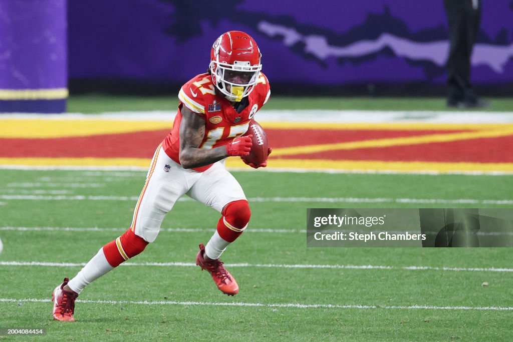 Richie James #17 of the Kansas City Chiefs runs the ball during the fourth quarter during Super Bowl LVIII at Allegiant Stadium on February 11, 2024 in Las Vegas, Nevada. (Photo by Steph Chambers/Getty Images)