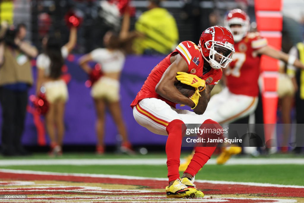 Marquez Valdes-Scantling #11 of the Kansas City Chiefs catches a 16 yard touchdown pass during the third quarter against the San Francisco 49ers during Super Bowl LVIII at Allegiant Stadium on February 11, 2024 in Las Vegas, Nevada. (Photo by Jamie Squire/Getty Images)