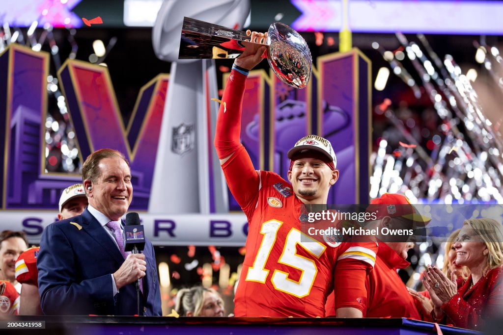 <strong><a  data-cke-saved-href='https://www.vavel.com/en-us/nfl/2024/01/29/1170447-king-kelce-travis-kelce-breaks-jerry-rices-record-for-the-most-receptions-in-postseason-play.html' href='https://www.vavel.com/en-us/nfl/2024/01/29/1170447-king-kelce-travis-kelce-breaks-jerry-rices-record-for-the-most-receptions-in-postseason-play.html'>Patrick Mahomes</a></strong> #15 of the Kansas City Chiefs celebrates with the Vince Lombardi Trophy following the NFL <strong><a  data-cke-saved-href='https://www.vavel.com/en-us/nfl/2024/01/21/1169440-baltimore-ravens-34-10-houston-texans-mvp-candidate-jackson-show-why-he-deserves-top-award.html' href='https://www.vavel.com/en-us/nfl/2024/01/21/1169440-baltimore-ravens-34-10-houston-texans-mvp-candidate-jackson-show-why-he-deserves-top-award.html'>Super Bowl</a></strong> 58 football game between the San Francisco 49ers and the Kansas City Chiefs at Allegiant Stadium on February 11, 2024 in Las Vegas, Nevada. (Photo by Michael Owens/Getty Images)