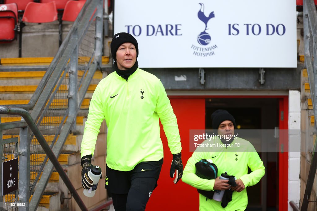 LONDON, ENGLAND - DECEMBER 11: Tinja-Riikka Korpela and Becky Spencer of Tottenham Hotspur run out to warm up during the FA Women's Super League match between Tottenham Hotspur WFC and <b><a  data-cke-saved-href='https://www.vavel.com/en/data/west-ham' href='https://www.vavel.com/en/data/west-ham'>West Ham</a></b> United WFC at Brisbane Road on December 11, 2022 in London, England. (Photo by Tottenham Hotspur FC/Tottenham Hotspur FC via Getty Images)