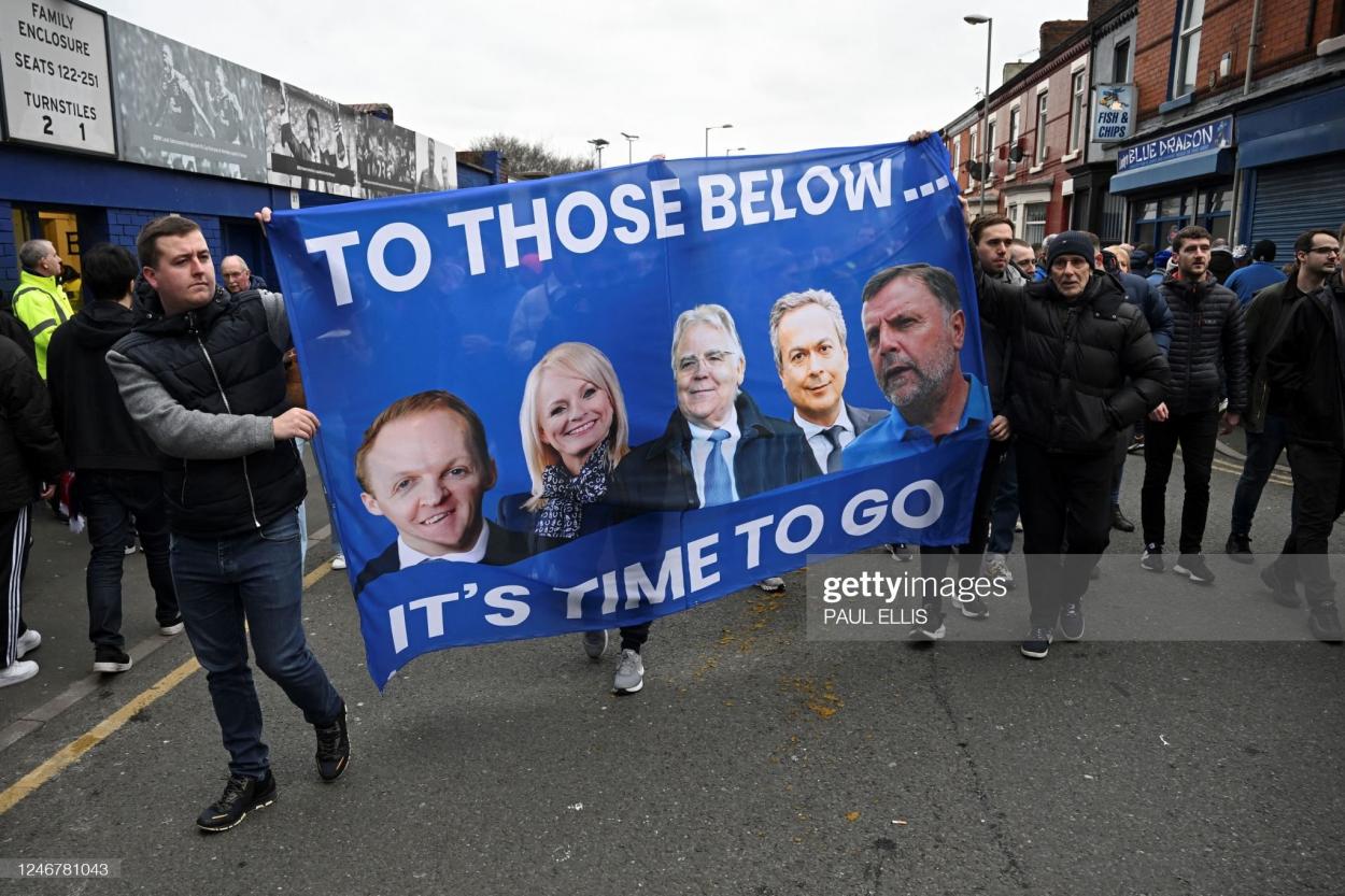Everton fans showing their feelings towards members of the board (Photo by PAUL ELLIS/AFP via Getty Images)