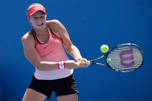 Jelena Ostapenko hits a backhand at the 2016 Australian Open/Getty Images