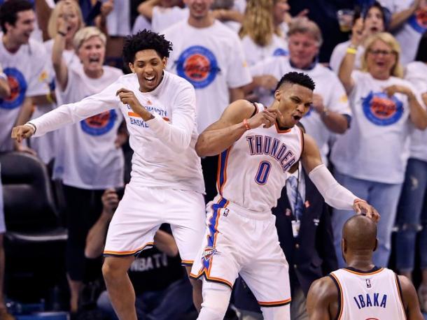 Cameron Payne and Russell Westbrook were jubilant (Photo: Kevin Jairaj, USA Today Sports)