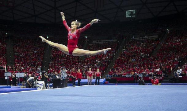 Tiffani Lewis performs on floor exercise for Utah against UCLA in Salt Lake City/Utah Athletic