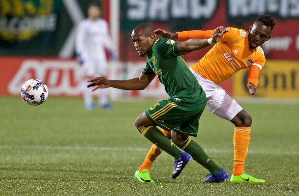 Timbers midfielder Darlington Nagbe (6) fights for posession in the first half | Source: Craig Mitchelldyer/Portland Timbers 
