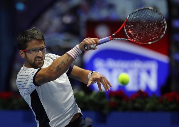 Janko Tipsarevic hits a forehand during his first round loss. Photo: St. Petersburg Open