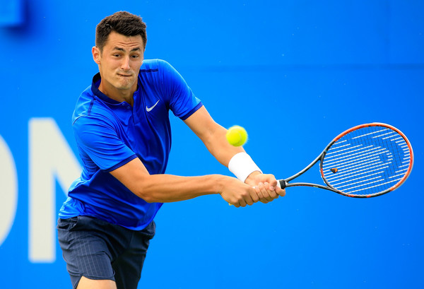 Bernard Tomic hits a backhand during his quarterfinal win. Photo: Getty Images