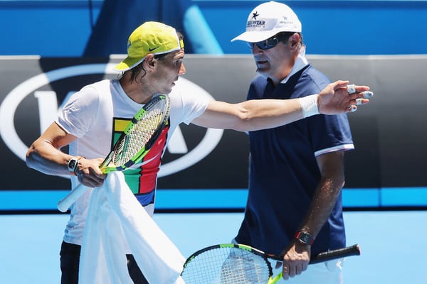 Rafael Nadal (left) and Toni Nadal during practice at the Australian Open. Photo: Michael Dodge/Getty Images