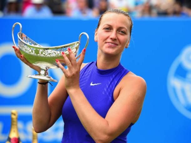 Petra Kvitova with the Maud Watson Trophy after winning the Aegon Classic in Birmngham (Getty/Tony Marshall)