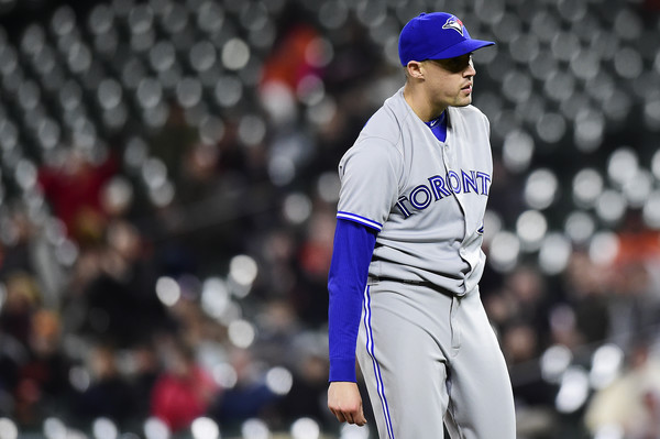 Aaron Sanchez was perfect through seven innings, but allowed three hits in a row in the eighth to break up his no-hitter. | Photo: Patrick McDermott/Getty Images