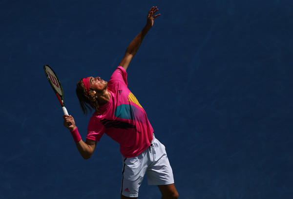 Stefanos Tsitsipas lines up a serve. He struggled to get his first serve in, but overcame that struggle to win. Photo: Vaughn Ridley/Getty Images