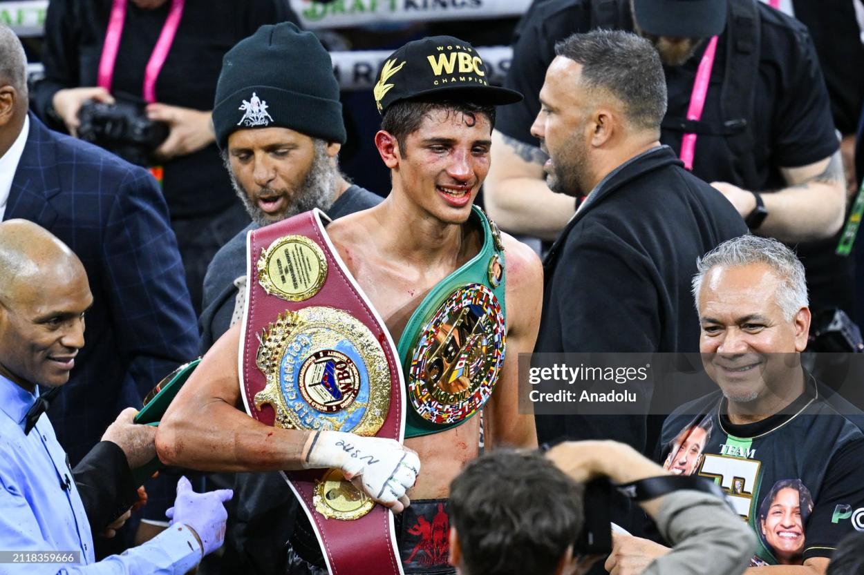 LAS VEGAS, NV - MARCH 30: Sebastian Fundora poses with his belts after competing against Tim Tszyu (not seen) during their super welterweight world titles of the Premiere Boxing Championship at the T-Mobile Arena in Las Vegas, Nevada, United States on March 30, 2024. (Photo by Tayfun Coskun/Anadolu via Getty Images)