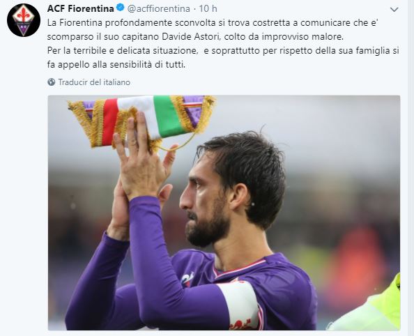 Tuit de confirmación de la muerte de Astoria | Foto: ACF Fiorentina