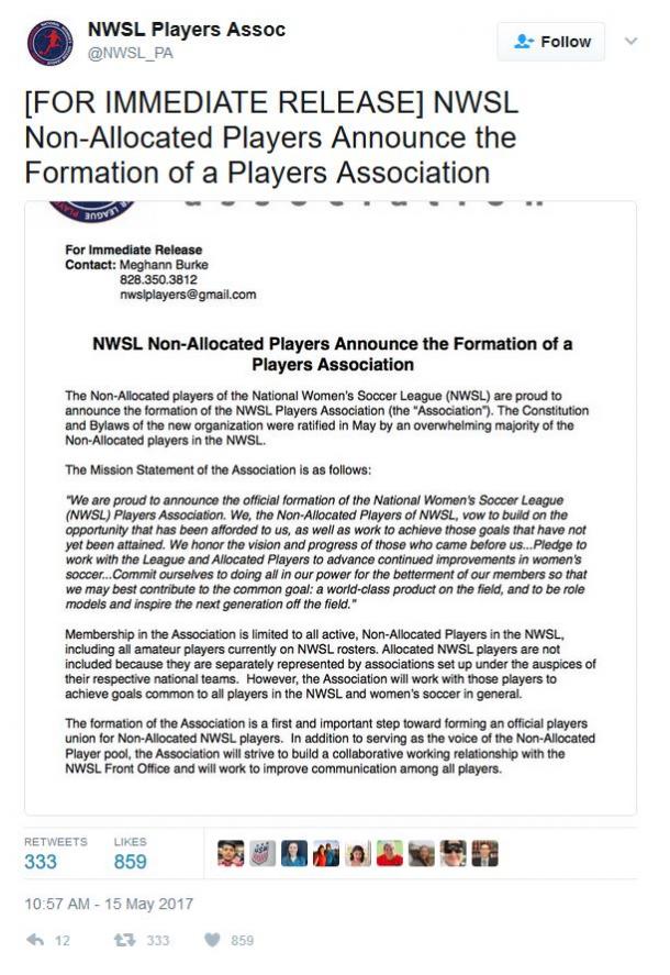 Tweet sent out by the newly created NWSL Players Association | Source: @NWSL_PA