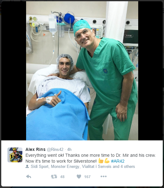 Alex Rins posted on Twitter to confirm everything went well with collarbone surgery - Twitter