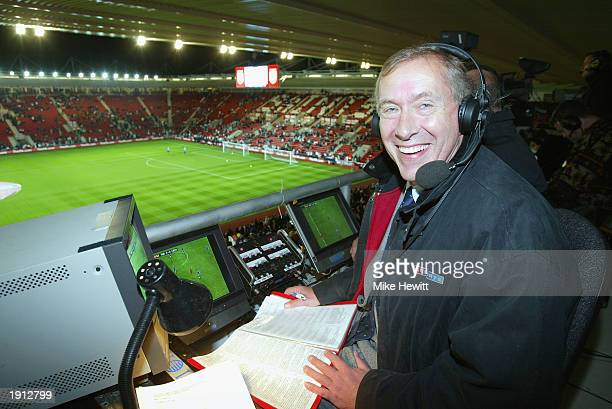 SOUTHAMPTON - OCTOBER 16: Sky television commentator Martin Tyler in the commentary box before the Euro 2004 Championship Qualifying match between England and Macedonia on October 16, 2002 at St. Mary's Stadium in Southampton, England. (Photo by Mike Hewitt/Getty Images)