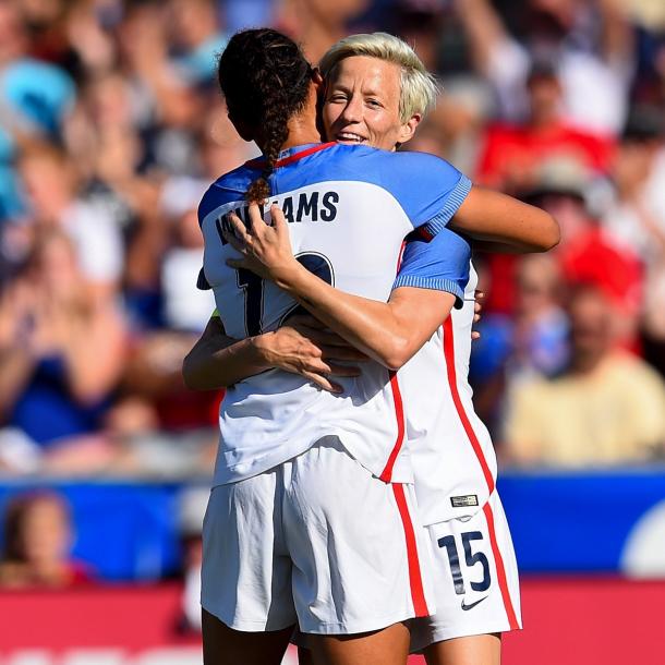 Lynn Williams and Megan Rapinoe celebrate after the fifth goal against Korea Republic | Source: Bob Smith - ISI Photos/US Soccer