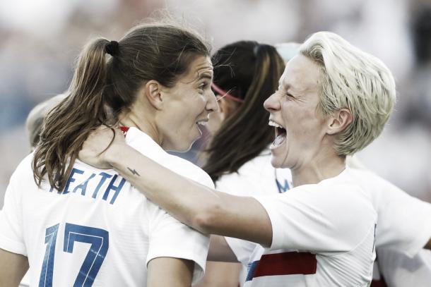 Tobin Heath and Megan Rapinoe celebrate at Children's Mercy Park in Kansas City, KS on July 26, 2018 | Photo: Colin E. Braley/AP Photo