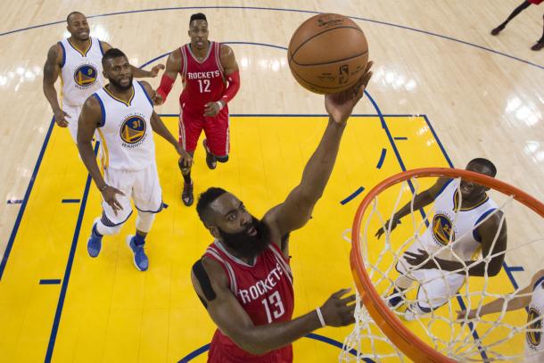 James Harden will play much better than he did in Game 1, getting more easy shots like this. Also, nice smile Andre Iguodala. Photo: Kyle Terada/USA Today.