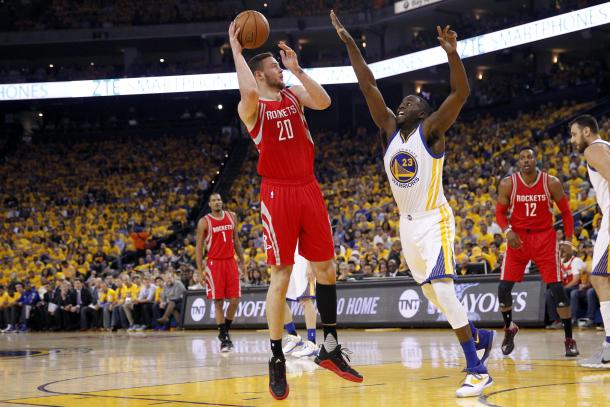 Donatas Motiejunas started the game strong, as he was given the starting position today instead of Corey Brewer, who did in Game 1.
