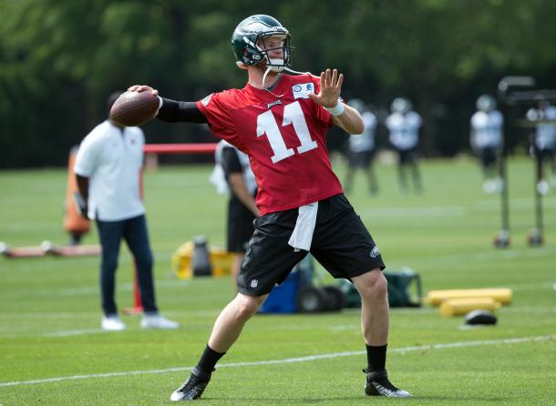 Carson Wentz performed pretty well in OTAs, causing speculation that he might win the starting job. Still, it looks like the Eagles will opt to wait a little before putting him on the field. Photo: Bill Strelcher/USA TOAY Images. 