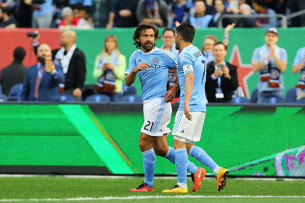 Andrea Pirlo and David Villa celebrate goal against Toronto FC | Mike Stobe - Getty Images Sport