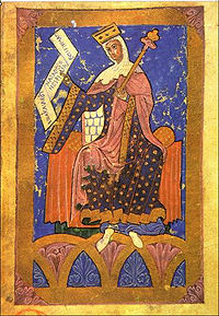 Miniatura que muestra a Doña Urraca con los símbolos del poder regio y con un esctrito en su mano derecha. Fuente Wikipedia commons