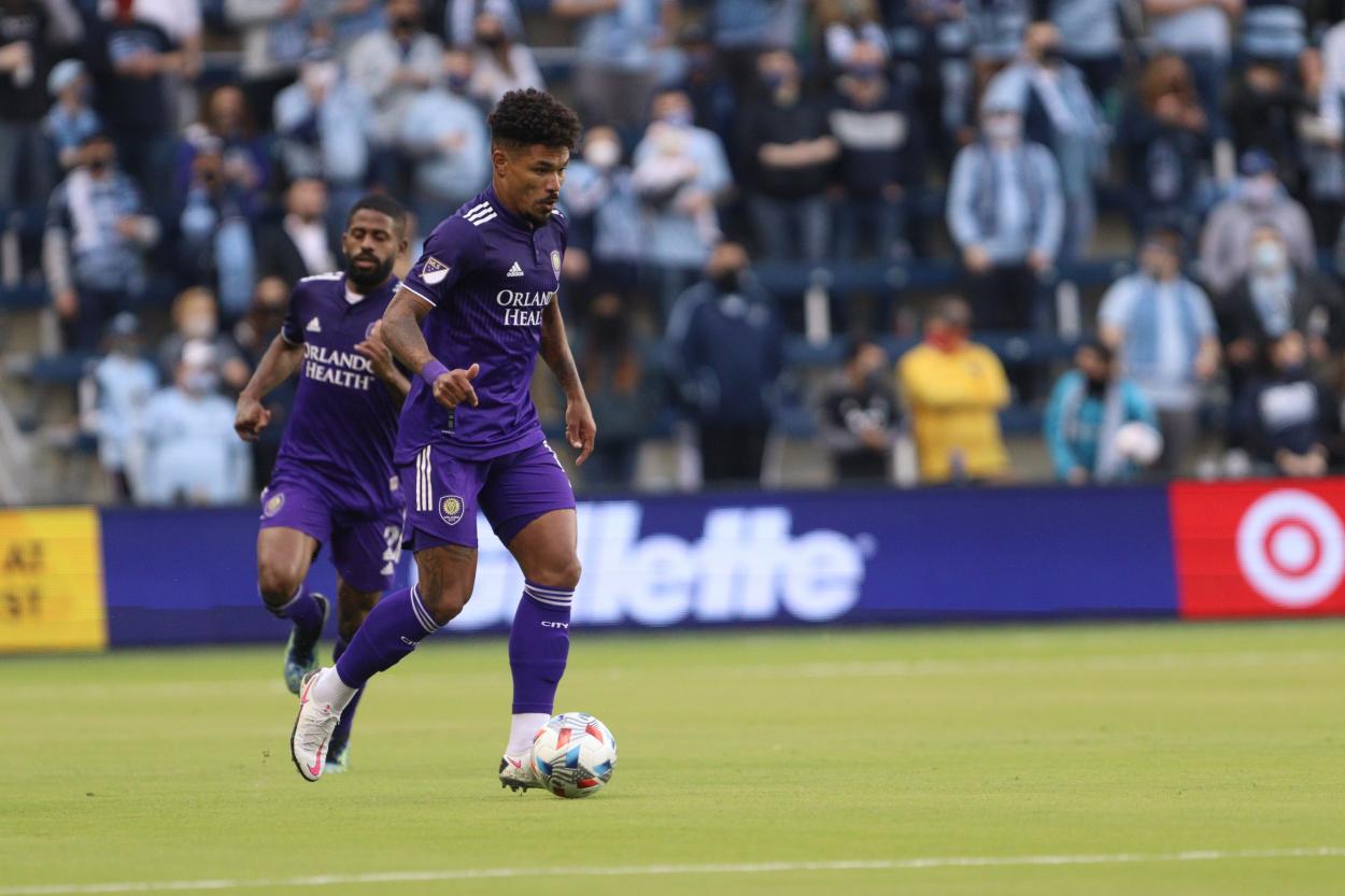 Urso dribbling downfield with lots of back and fourth action in the first half. (Photo credit: Orlando City Twitter)