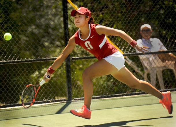 Carol Zhao in action during her final year of college tennis with Stanford University. | Photo: Rob Varela/The Star