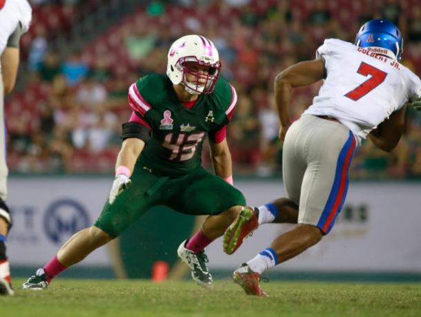 Auggie Sanchez leads the Bulls defense after recording a team-leading 112 total tackles. (Photo Credit: Kim Klement/USA Today) 