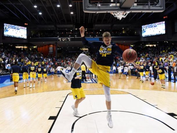 Michigan forward Moritz Wagner (13) after a dunk during warm-ups.  (Robin Buckson, Detroit News)