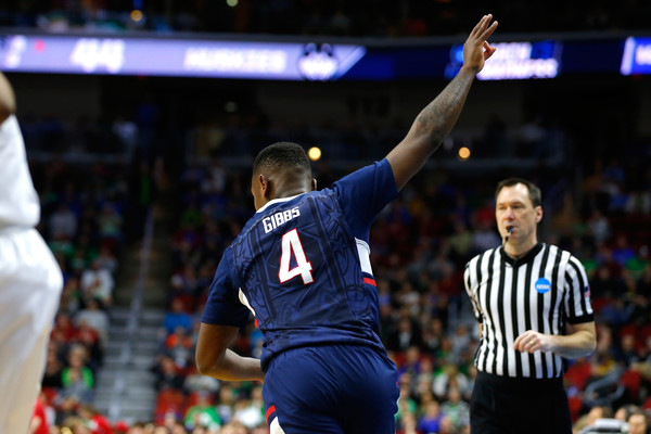 Sterling Gibbs #4 of the Connecticut Huskies reacts after making a three point basket against the Colorado Buffaloes in the second half during the first round of the 2016 NCAA Men's Basketball Tournament at Wells Fargo Arena on March 17, 2016 in Des Moines, Iowa. (March 16, 2016 - Source: Kevin Cox/Getty Images North America)