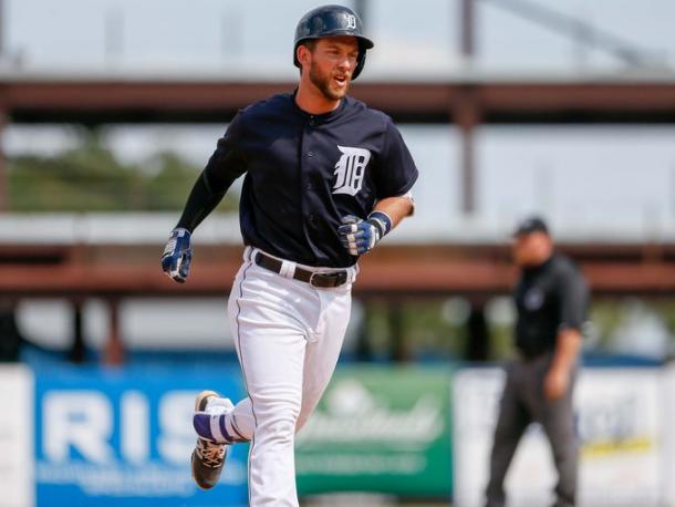 Detroit Tigers' Austin Green hits a home run in the fourth inning during an exhibition game against Florida Southern.  (Kimberly P. Mitchell / DFP)