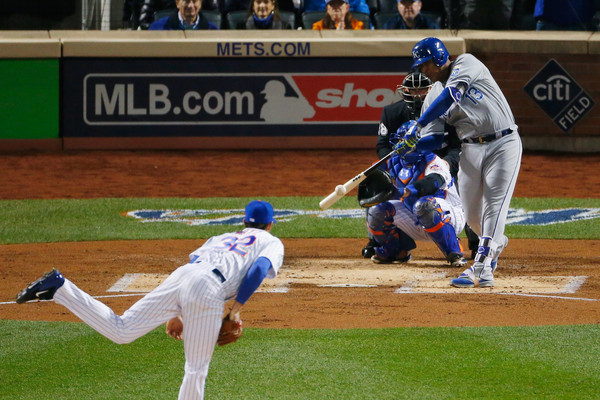 Salvador Perez #13 of the Kansas City Royals singles in the second inning against Steven Matz #32 of the New York Mets. (Oct. 30, 2015 - Source: Mike Stobe/Getty Images North America)